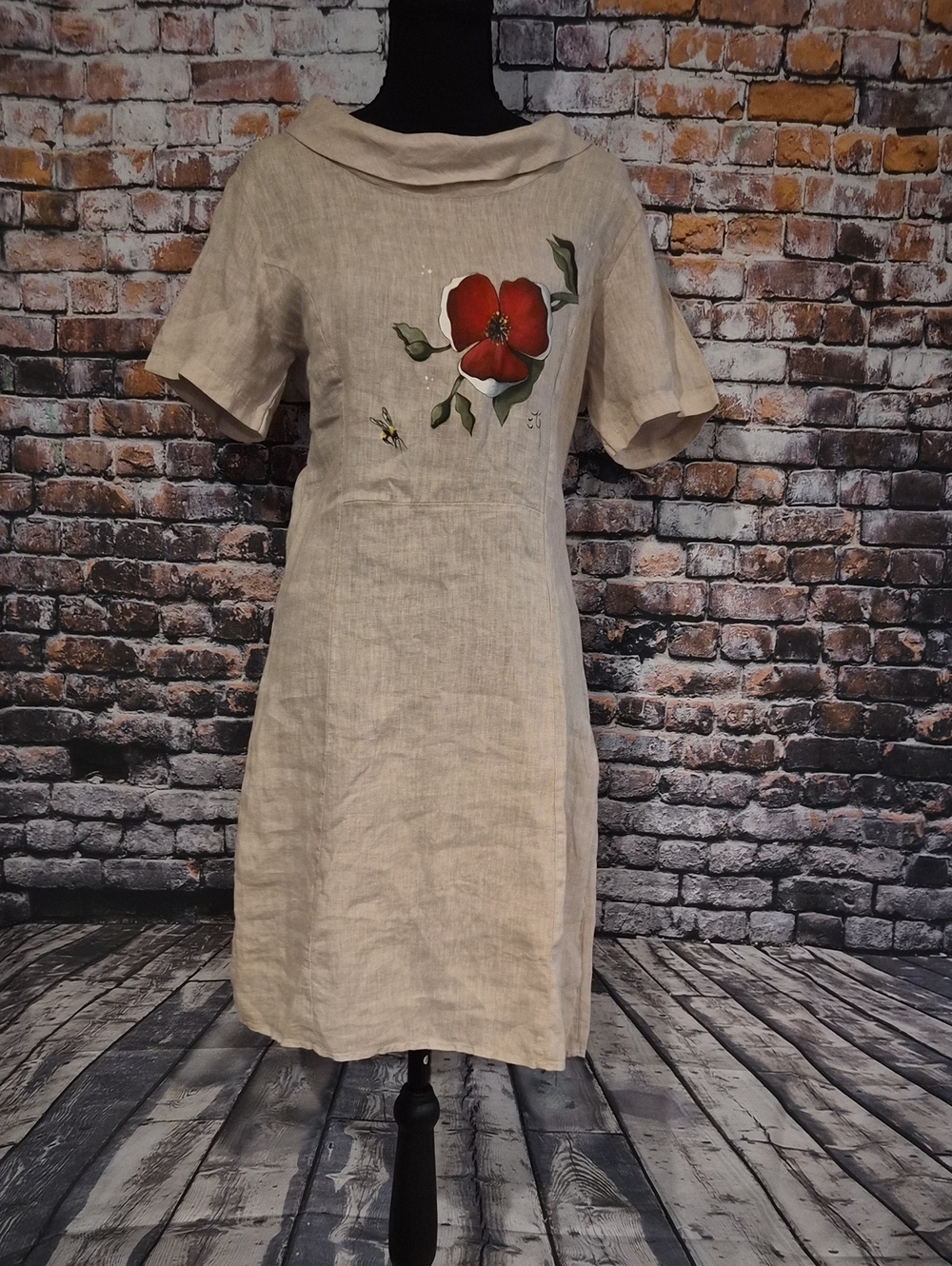 Light Beige Linen-Blend Italian Chino Dress with Hand Painted Red Floral Detail